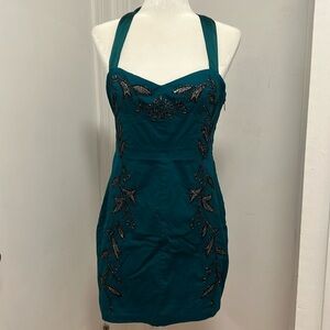 FREE PEOPLE Dress Turquoise Embroidered Leaves Teal